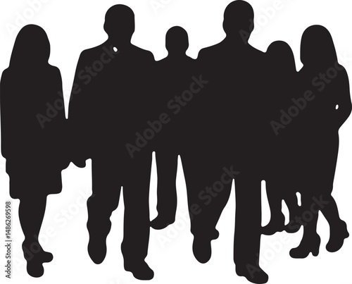 Vector silhouettes of men and women, depicting a group of standing business professionals in various poses, shown in black on a white background
