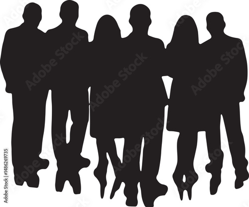 Vector silhouettes of men and women, depicting a group of standing business professionals in various poses, shown in black on a white background
