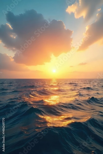 Vast, tranquil ocean meeting the hazy horizon line, a serene seascape at golden hour Perfect for travel, nature, and serenity themes , serenity, sky, vacation
