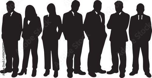 Vector silhouettes of men and women, depicting a group of standing business professionals in various poses, shown in black on a white background
