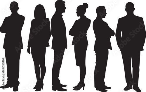 Vector silhouettes of men and women, depicting a group of standing business professionals in various poses, shown in black on a white background
