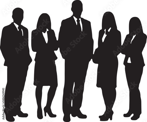 Vector silhouettes of men and women, depicting a group of standing business professionals in various poses, shown in black on a white background
