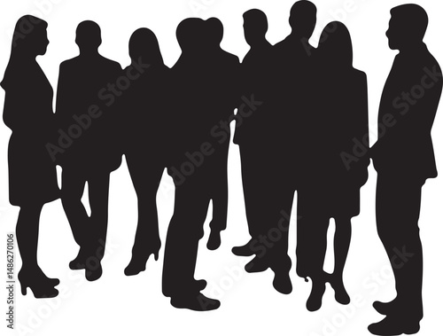 Vector silhouettes of men and women, depicting a group of standing business professionals in various poses, shown in black on a white background
