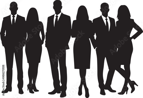 Vector silhouettes of men and women, depicting a group of standing business professionals in various poses, shown in black on a white background
