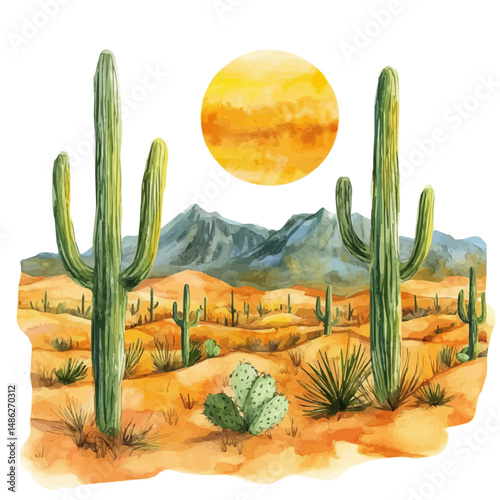 Scorching Summer Afternoon In The Desert, watercolor illustration vector, high quality, isolated on a white background.