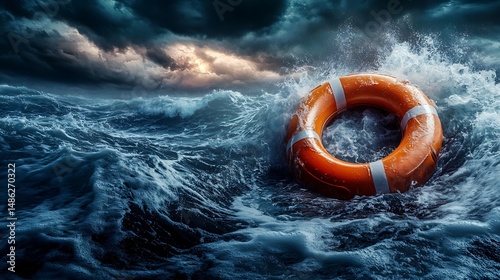 stormy ocean scene with life preserver spotlighted dramatic lighting waves splashing symbolizing urgent financial assistance and saving lives concept