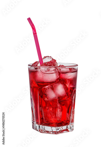 Refreshing Red Cocktail with Ice Cubes and Straw in Clear Glass isolated on white or transparent background Cutout PNG