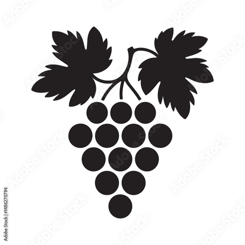 Black grape cluster silhouette with leaves in a minimalist vector style, simple design representing freshness and natural food