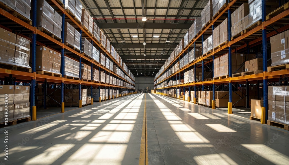 Fototapeta premium Vast Warehouse Fulfillment Center with Dramatic Shadows and Racking