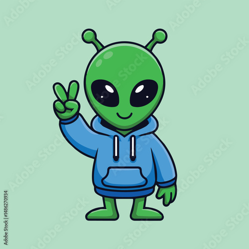 Cute cartoon alien in a blue hoodie making a peace sign. Minimalist green character with big eyes on a mint background. Fun kawaii design perfect for kids and stickers.