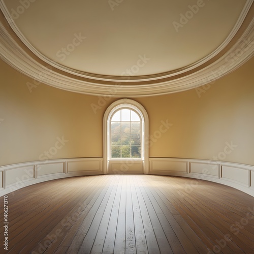 Empty Round Room with Arch Window and Hardwood Floor