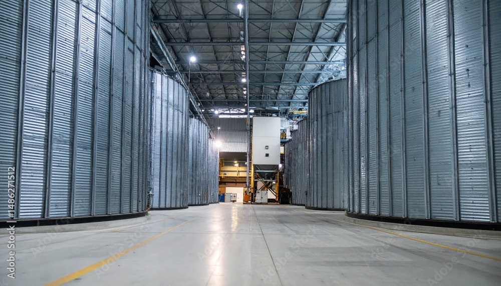 Obraz premium Vast Interior of Grain Silo with Ambient Lighting and Packing Stations