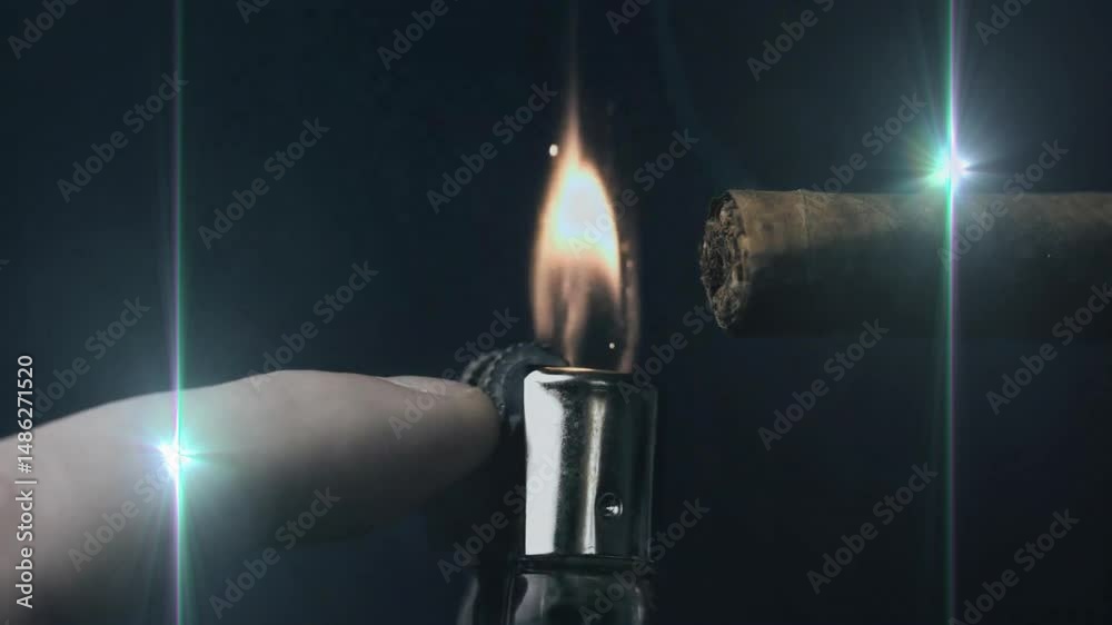Animated illustration showing finger pressing metal lighter flint wheel, flame igniting cigar stub