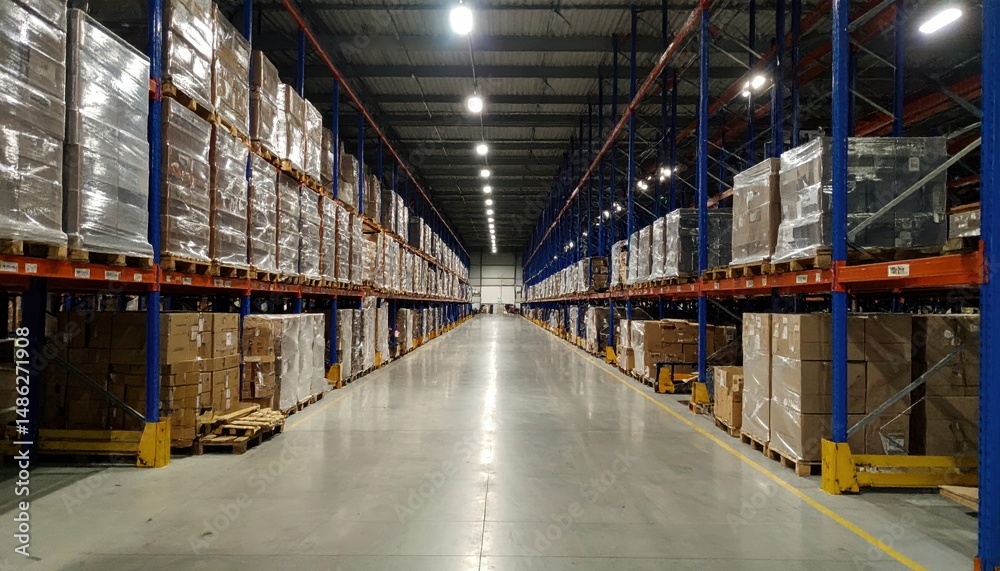 Fototapeta premium Vast Warehouse Bay at Night with Stacked Pallets and Flickering Lights