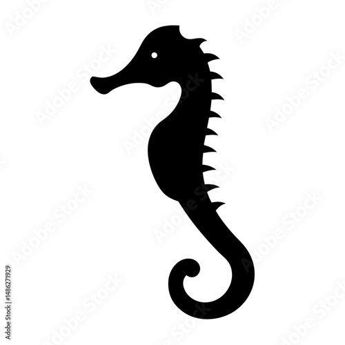 Black seahorse silhouette on white background exhibiting distinctive features and form