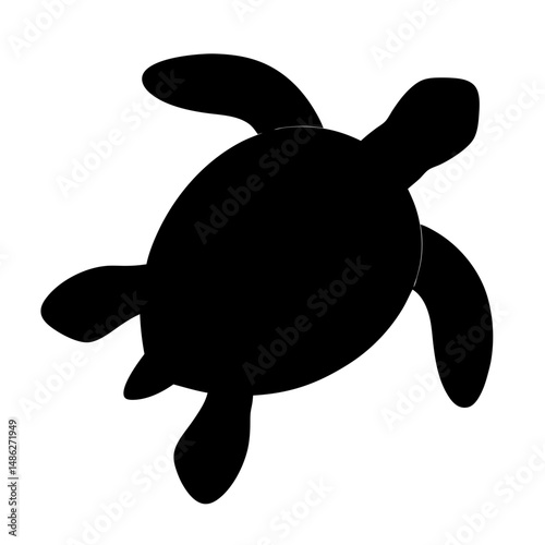 Black silhouette of sea turtle swimming in clear water, aerial perspective