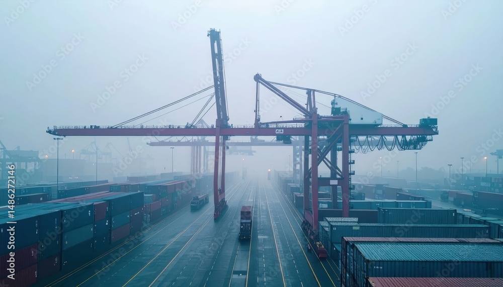 Misty Logistics Hub with Overhead Cranes and Shipping Containers Misty Logistics Hub with Overhead Cranes and Shipping Containers