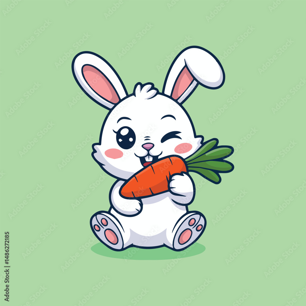Obraz premium Cute kawaii white bunny winking and holding a big carrot in its mouth. Adorable chibi-style vector on mint green background, perfect for kids, stickers, or prints.
