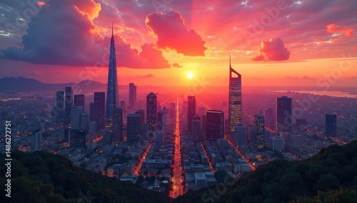 Stunning cityscape at sunset, showcasing modern architecture and vibrant city life , light, construction, metropolis