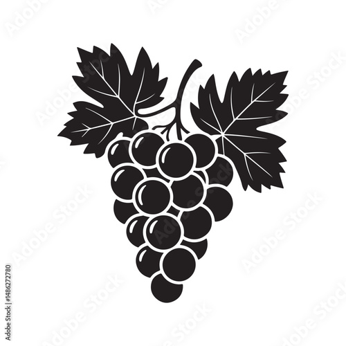 Black grape cluster silhouette with leaves in a minimalist vector style, simple design representing freshness and natural food