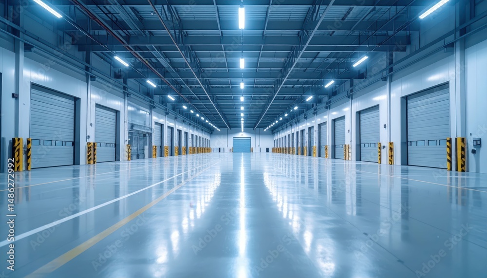 Fototapeta premium Vast Refrigerated Warehouse with Loading Docks in Cool Ambient Light