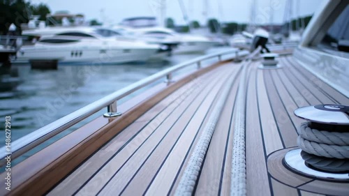 Close up of a yacht deck with ropes and railings near water at a marina on a cloudy day