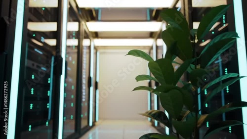 Plant growing in server room with green leaves and glowing lights showing data center concept