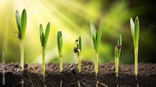 Seedlings emerging from soil illuminated by sunlight in a close up view of the growth cycle