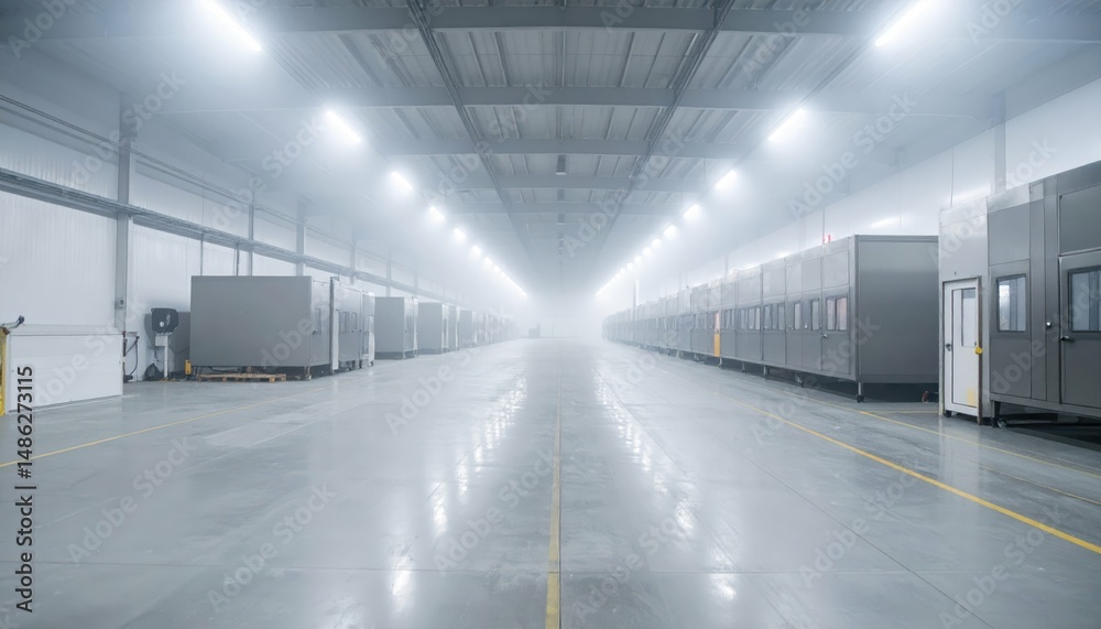 Fototapeta premium Vast Refrigerated Warehouse with Packing Stations in Misty Atmosphere
