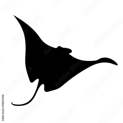 Elegant black silhouette of a manta ray swimming against a white background