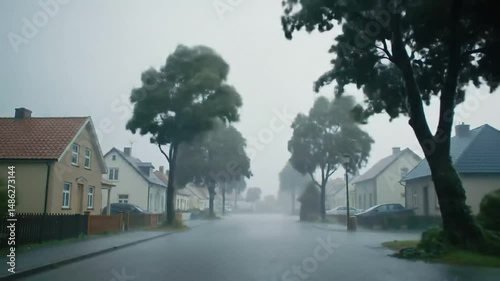 Rainy Street Scene with Trees and Houses in a Calm Residential Neighborhood