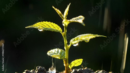 Close up of a young plant with water droplets on its leaves against a dark background in soft light