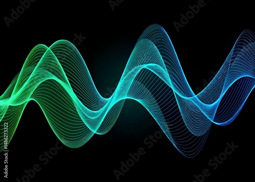 Abstract gradient waveform design with green and blue colors on a black background