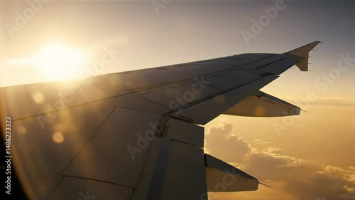 Airplane Wing Soaring Over Clouds with a Golden Sunset in the Background