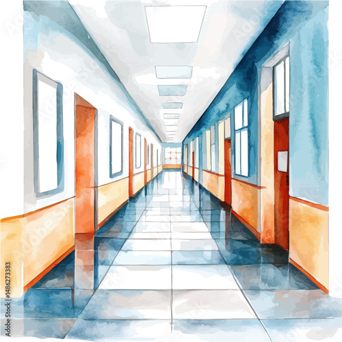 School Hallway With Art Posters, watercolor vector, high quality, isolated on a white background.