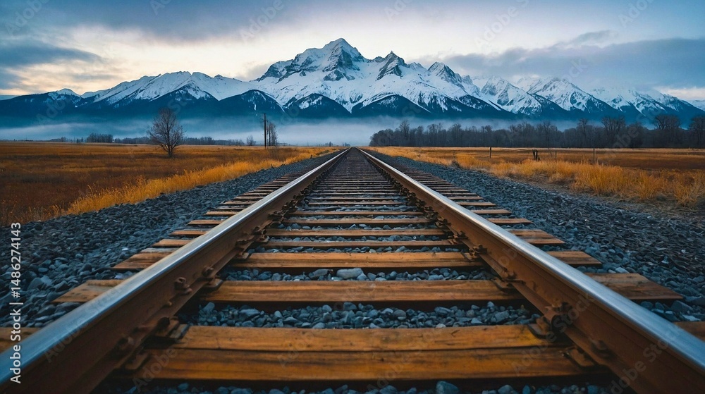 Fototapeta premium Lonely Train Tracks Through Foggy Field Leading to Snow Capped Mountains 