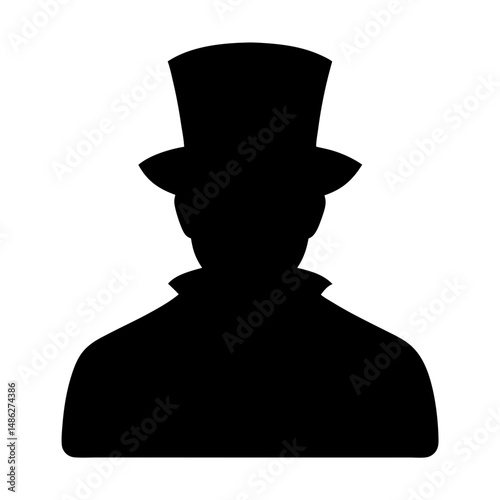 Black silhouette of a mysterious figure wearing a top hat and coat