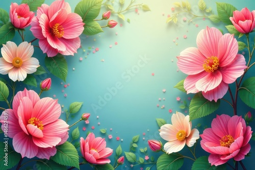 Vibrant, colorful spring background with blooming flowers and fresh green leaves , soft, romantic, bright