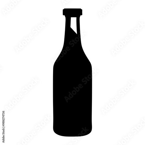 Black Silhouette of Beer Bottle with Cap, Solid black silhouette of a tall beer bottle with a capped top, representing beverages, drinking, and refreshment.
