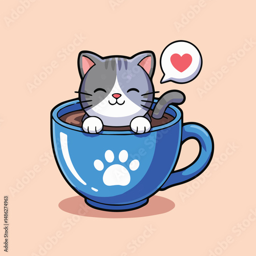 Cute cartoon of a gray and white cat sitting contentedly in a blue teacup filled with coffee. Features a paw print on the cup, red heart speech bubble, and peach background.