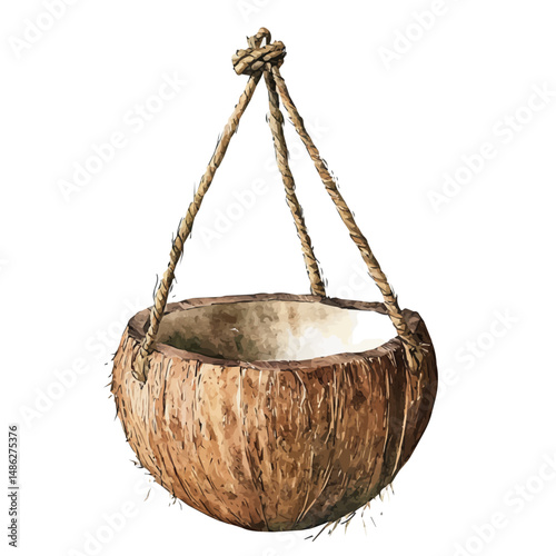 watercolor vector of Rustic Hanging Pot Made Of Coconut Shell, high quality, isolated on a white background.