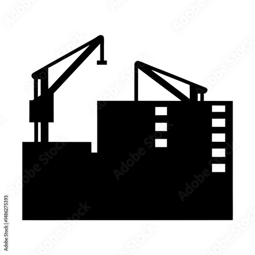 Black Silhouette of Construction Site with Cranes, Solid black silhouette of a construction site featuring two cranes and partially built structures, symbolizing building and development.
