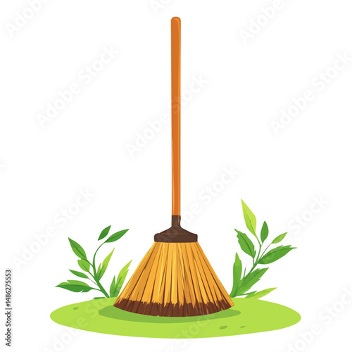 Sweeping Broom 2D flat vector illustration, isolated on a white background.