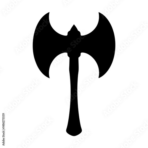 Black Silhouette of Double-Headed Battle Axe, Solid black silhouette of a double-headed battle axe with curved blades and a long handle, representing medieval weaponry.
