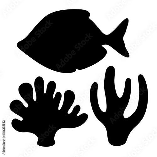 Black Silhouettes of Fish and Coral Shapes, Solid black silhouettes of a fish and two coral branches, symbolizing underwater marine life and oceanic environments.
