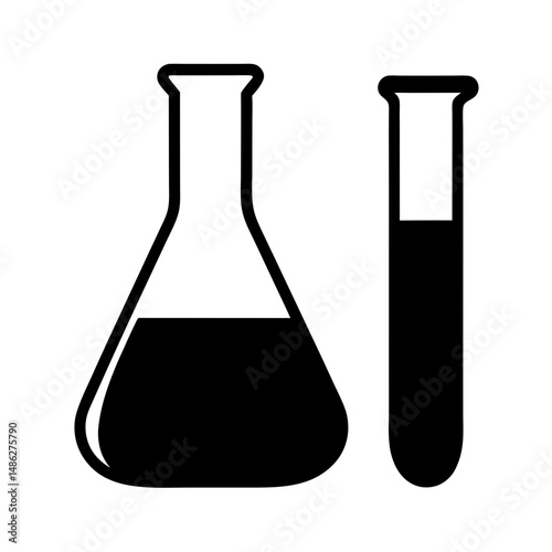 Outlined Flask and Test Tube Filled with Liquid Silhouette, Black outlined silhouette of a laboratory flask and test tube filled with liquid, isolated on white background for clear contrast.
