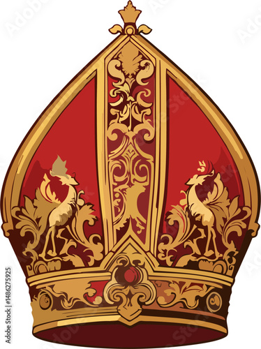 Luxurious Red and Gold Papal Mitre Vector with Ornate Birds and Baroque Flourishes – Catholic Bishop Hat Illustration for Religious and Royal Themes