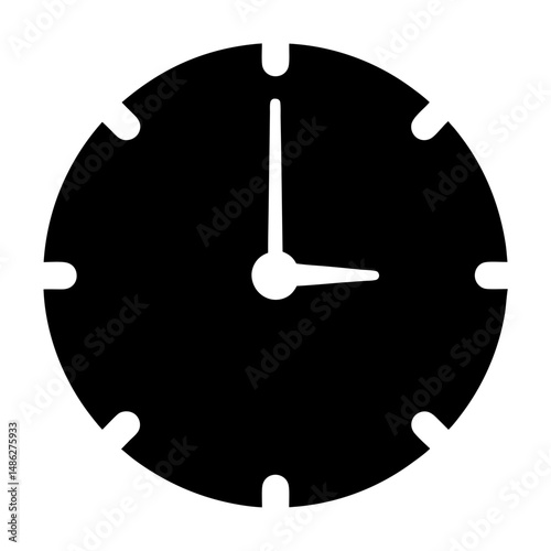 Black Silhouette of Clock Face Showing Three O’clock, Minimalist black clock face silhouette displaying the time at three o’clock, isolated on a white background for clarity.

