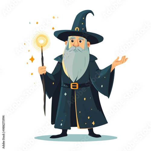 2D flat Wizard Casting Spell vector illustration, isolated on a white background.