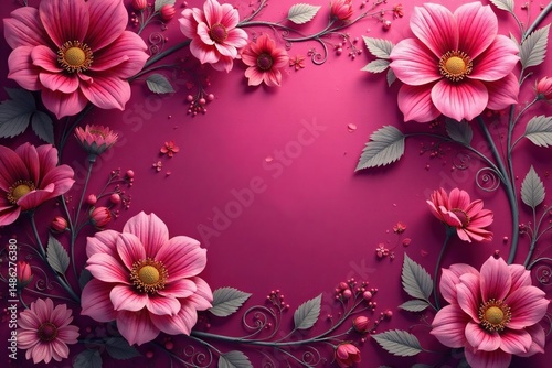 Intricate fuchsia floral pattern, delicate blooms and swirling vines , pattern, retro, fabric